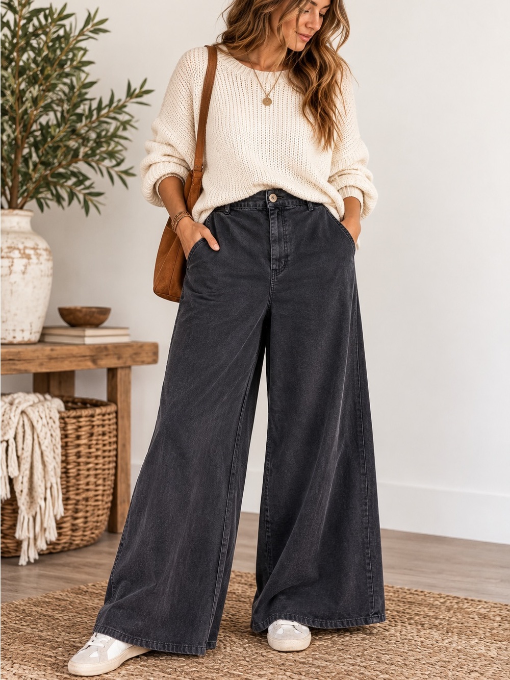 Free People Washed Black Wide Leg Palazzo Pants High Rise Size 8 Cotton